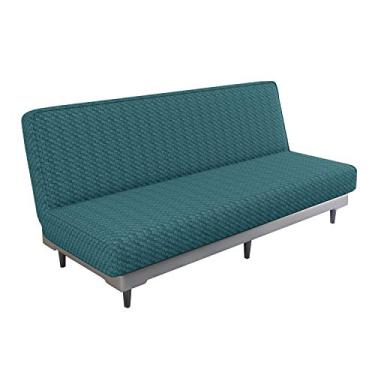 Imagem de MAXIJIN Capa de futon jacquard elástica sem braços futon capa macia para futon com fundo elástico espesso para sofá-cama, lavável na máquina (azul pavão)