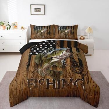 Imagem de Feelyou Jogo de cama casal com bandeira americana para meninos e meninas, conjunto de edredom para crianças, mulheres, homens, peixe, lúcio, para uso ao ar livre, conjunto de edredom para decoração de