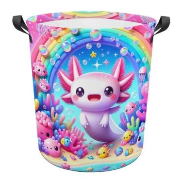 Imagem de Huryilo Cesto de roupa suja fofo com axolote e arco-íris, cestos subaquáticos coloridos de coral para roupas sujas, organizador de cestos, decoração de quarto
