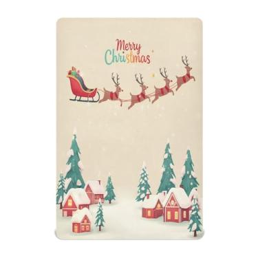 Imagem de Qilmy Lençóis de berço de Natal com trenó de rena e neve, de microfibra macia, respirável, elástico, lençol com elástico para meninos e meninas, miniberço, 99 x 68,5 cm, capa de colchão infantil