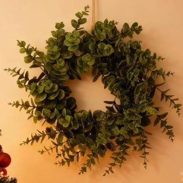 Imagem de Guirlanda de pinheiro de Natal para porta da frente, guirlanda verde de videira com toque real, hastes de vegetação, férias, ambientes externos, ambientes internos (E)