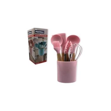 Imagem de Conjunto de Utensílios de Silicone com Cabo de Madeira, 8 Peças, Rosa, 590g, Inclui Concha, Colher, Espátula, Pegador, Fuê, Pincel e Copo Suporte