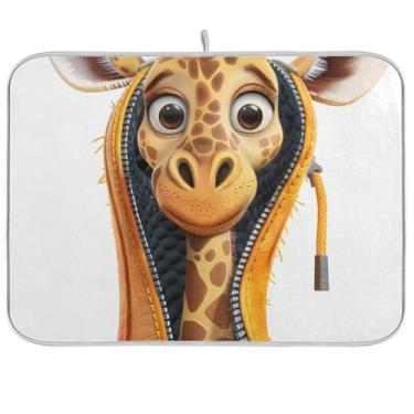 Imagem de Tapete de secagem de pratos de girafa de desenho animado para balcão de cozinha 40,6 cm x 45,7 cm Tapete de microfibra para café de secagem rápida tapete de prato de cozinha tapete protetor de bancada