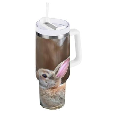 Imagem de Copo com isolamento duplo de 850 g com alça e tampa de palha, copo com isolamento de queda de coelho cabra