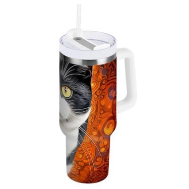 Imagem de ODAWA Copo isolado de parede dupla de 1,134 g, copo de isolamento duplo preto e branco com canudo e alça