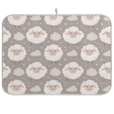 Imagem de Tapete de secagem de pratos cinza fofo de ovelha, tapete de café de secagem rápida, tapete de secagem de cozinha de microfibra para decoração de bancada de cozinha, 40,6 x 45,7 cm