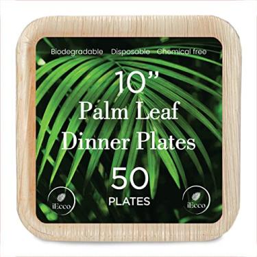 Imagem de iEcco Pratos de folha de palmeira I Pacote com 50 pratos quadrados compostáveis de 25 cm I Pratos biodegradáveis premium 100% naturais I Pratos de bambu alternativos descartáveis | Pratos de jantar de madeira resistentes seguros para micro-ondas