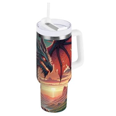 Imagem de ODAWA Copo isolado de parede dupla de 850 g, copo abstrato dragão duplo isolado com alça e tampa de canudo