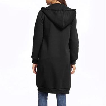 Imagem de Snsowed Nova Moda Feminina Com Capuz Longo Moletom Com Capuz Casaco Casual Bolsos Zíper Sólido Jaqueta (XXL)