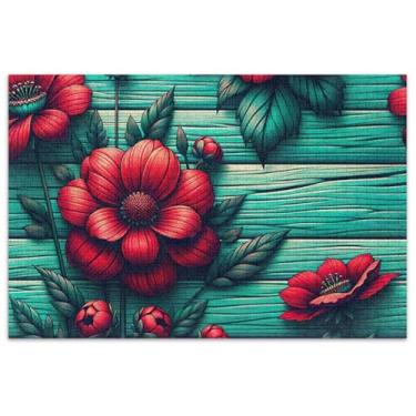 Imagem de Quebra-cabeça de madeira com flores vermelhas vívidas em azul-petróleo turquesa 500 peças para arte adulto quebra-cabeça rígido amigos família jogos presentes