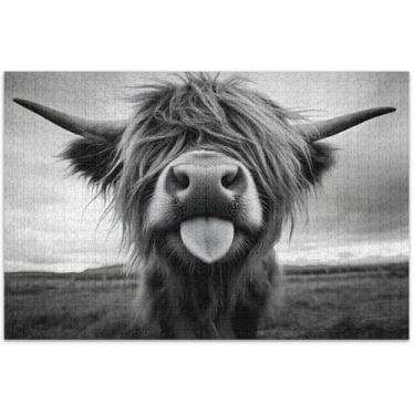 Imagem de Quebra-cabeça Highland Cow preto branco engraçado 500 peças para adultos divertido bobo personalizado grande impressão de arte animal 50,5 x 14,9 polegadas