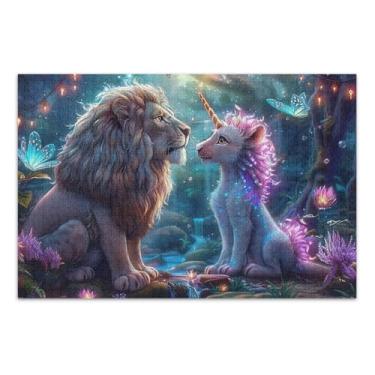 Imagem de Quebra-cabeças de leão e unicórnio em uma floresta 500 peças, quebra-cabeças de peças grandes para adultos, jogos para adultos