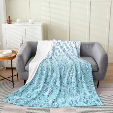 Imagem de Cobertor aconchegante com lantejoulas de diamante, cobertor de flanela estilo princesa sonhadora, decoração de quarto de crianças, azul gradiente, lã polar, manta 127 x 152 cm, microfibra leve e