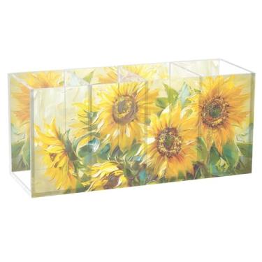 Imagem de TSENQUE Porta-canetas de acrílico com pintura a óleo de girassol personalizado para mesa, artesanato, porta-lápis, organizador de papelaria, organizador de mesa estético