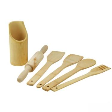 Imagem de Kit 6 Utensílios de Bambu para Cozinha com Suporte Rolo para Massa Espátulas Garfos e Colheres Anti-risco Natural