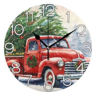 Imagem de GAIGEO Relógio de parede analógico decorativo relógio de cozinha bonito estético silencioso sem tique-taque, decoração de sala de estar, arte moderna, caminhão vermelho vintage Natal inverno, 25 cm