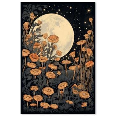Imagem de Haitunone Arte de parede de flor de luz do luar místico celestial campo de flores silvestres lua botânica impressão de pintura em tela floral Cottagecore decoração de parede 40,6 x 61 cm sem moldura