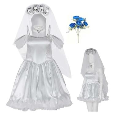 Imagem de Kaziuoi Women Corpse Bride Emily Costume Wedding Dress with Veil Zombie Bride Halloween Cosplay Outfits (White, XX-Large)