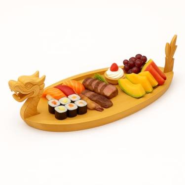 Imagem de LEQC Bandeja de servir de bambu de 50 cm – Barco de sushi esculpido à mão, bandeja multiuso para sushi, frutos do mar, frutas, sobremesas, aperitivos, festas e catering