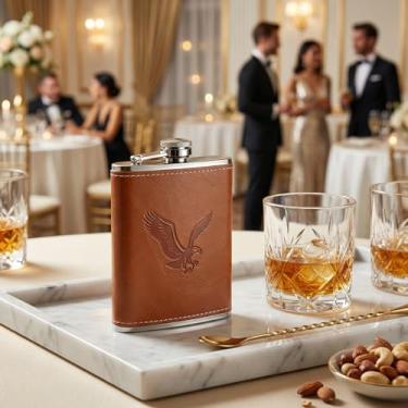 Imagem de 1 cantil de couro com funil - resistente a vazamentos - aço inoxidável bolso hip cantil com capa de couro marrom para adultos (Wampee)