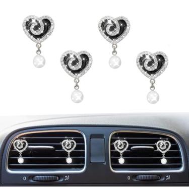 Imagem de 4 peças de clipes de saída de ar de carro pérola em forma de coração brilhante, clipe de saída de ar condicionado de cristal strass, pingente difusor de purificador de ar, lindo acessório de decoração