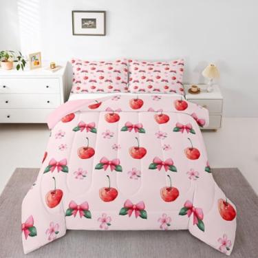 Imagem de jejeloiu Conjunto de cama macio para meninos e meninas, conjunto de edredom de cereja, fofo, com laço, microfibra, kawaii, decoração de quarto, rosa claro, 3 peças com 2 fronhas