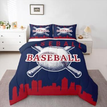 Imagem de Erosebridal Jogo de cama solteiro de beisebol, softball, jogos esportivos, para quarto de crianças, meninos, adolescentes, homens, beisebol, cidade, (Atlantat), azul escuro e vermelho