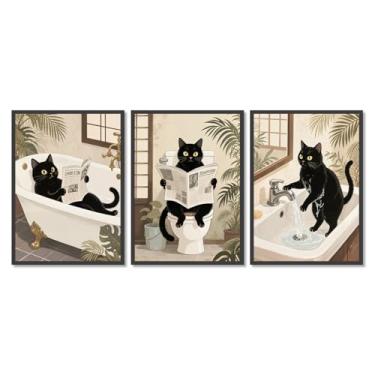 Imagem de Gato preto engraçado na banheira arte de parede em tela gato fofo lavar suas patas lendo pôster de jornal banheiro estampas animais decoração de parede de banheiro (SKU4-3PCS, 20.3x30.5 cm = (20x30cm