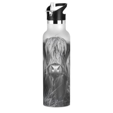 Imagem de Joisal Garrafas de água esportivas de aço inoxidável para adolescentes, Highland Cow Wild 597 g, parede dupla, à prova de vazamento, garrafa térmica isolada com tampa de canudo
