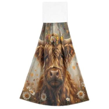 Imagem de Joitme Lindas toalhas de mão de flores de vaca Highland com laços para pendurar toalhas de banho macias absorventes conjunto de 2, toalha decorativa de cozinha fofa 47 x 35 cm