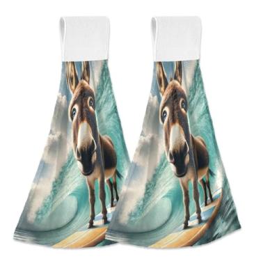 Imagem de Joitme Toalhas de mão penduradas com animal burro fofo com laço mágico, pacote com 2 panos de prato decorativos de lã coral absorvente para cozinha e banheiro