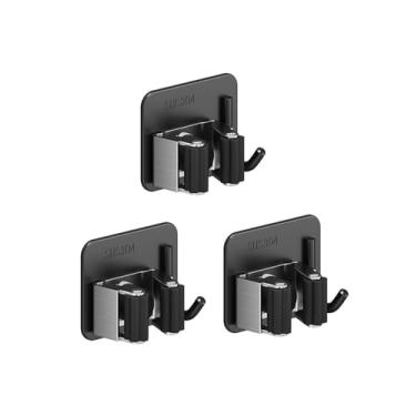 Imagem de Suporte de vassoura montado na parede, organizador de aço inoxidável resistente com instalação adesiva e sem parafusos para banheiro e jardim, preto