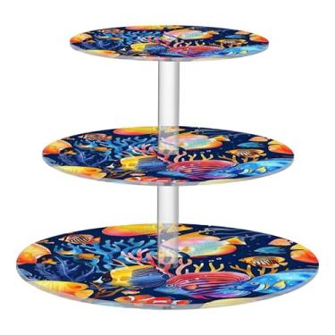 Imagem de Suporte de cupcake de 3 camadas para festas, corais vibrantes, peixe, azul, acrílico, torre de bolo, bandeja de servir de aniversário, casamento, mesa de deserto, exibição de bolo, comida, catering