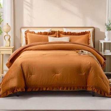 Imagem de MOVE OVER Conjunto de edredom King com babados caramelo, luxuoso e de veludo amassado para o inverno, 3 peças, elegante e quente, dourado, veludo, babados, conjunto de cama para quarto