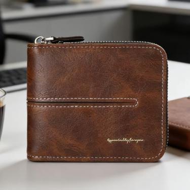 Imagem de Carteira masculina marrom claro marrom claro grande capacidade padrão xadrez couro macio, design de grande capacidade marrom claro com fivela, padrão xadrez couro macio