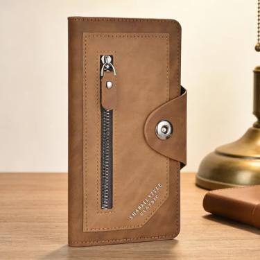 Imagem de Carteira masculina de couro ultrafino, estilo retrô, longa, com zíper e fecho magnético, organizador seguro de grande capacidade (Camel)