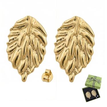 Imagem de Qvunwlin Brincos de folha dourados (textura de ramo de ouro ED008), 1 Count (Pack of 2), Metal, Sem pedra preciosa