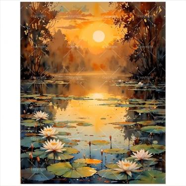 Imagem de Kit de pintura de lago de lírio d'água por números para adultos - Pintura de paisagem impressionista DIY em tela, 20 x 30 cm, conjunto de tinta acrílica emoldurada, adequado para iniciantes, kit de