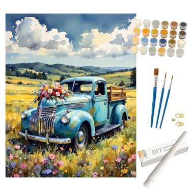 Imagem de Kit de pintura de campo por números para adultos - Caminhão azul vintage DIY com pintura de flores silvestres enrolada em tela 40 x 50 cm, conjunto de tinta acrílica para iniciantes, arte para