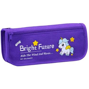 Imagem de Estojo Escolar Pequeno Feminino Masculino Unissex Estampas Divertidas Ideal para Meninas e Meninos Organizador Lápis Canetinhas Canetas Material para Escola Poliéster (Roxo)