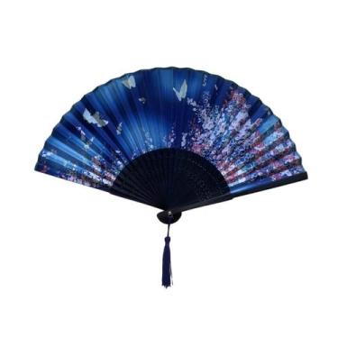 Imagem de Leque de Mão Japonês Bambu Madeira Tecido - Galleria 77, Azul Marinho 