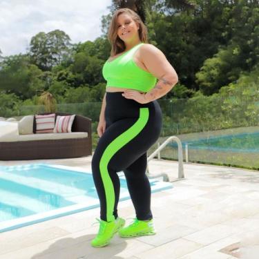 Imagem de Conjunto Plus Size Preto e Verde Neon com Cropped e Calça Legging - Fi