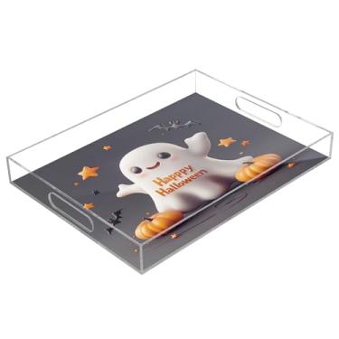Imagem de xigua Bandeja de servir de acrílico fantasma de Halloween com alças à prova de derramamento, bandejas decorativas de festa de Halloween, bandeja organizadora de bancada para banheiro, cozinha, 30,5 x