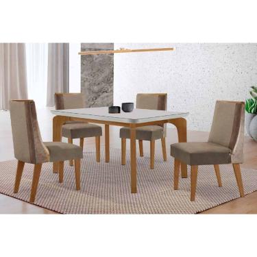 Imagem de Sala Jantar Mesa Londrina Tampo c/ Vidro Curvo 120cm 4 Cadeiras Tilia Madeira Naturale/Off White - Capuccino/Suede Capuccino - Rufato