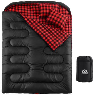Imagem de Swtmerry Saco de dormir duplo para adultos com 2 travesseiros, saco de dormir tamanho queen grande e alto GG para 2 pessoas, impermeável e leve, quente para 3 estações, clima frio, acampamento