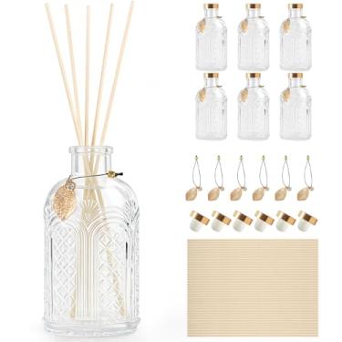Imagem de Frascos difusores de palheta de vidro para casa, frascos difusores com 40 peças de varetas de palheta, vasos de flores vintage em relevo estilo boticário com tampas de cortiça, conjunto de 6