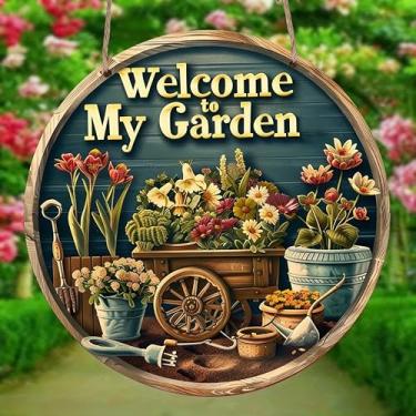 Imagem de Placa de metal Welcome Too My Garden Farm Farmhouse, 15 x 15 cm, durável, presente interno/externo, decoração de arte de parede vintage