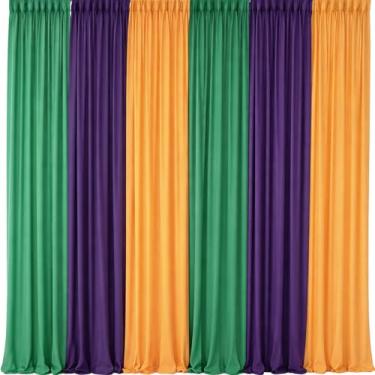 Imagem de Tingjoo 6 peças de cortinas de fundo de festa de carnaval 0,8 x 2,4 m cortinas de fundo roxo ouro verde painéis com bolsos de haste adereços de cabine de fotos para decoração de festa de chá de bebê