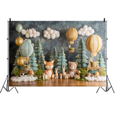 Imagem de AOFOTO 1,5 x 0,9 m, cenário fotográfico, floresta, cenário fotográfico, balão de ar quente com árvores de papel, nuvens brancas, faixa de fundo de aniversário para crianças, urso animais, chá de bebê