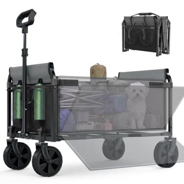 Imagem de Carroça dobrável com rodas – Carrinhos utilitários leves 3 em 1 dobráveis com capacidade de peso de 99,8 kg, porta-copos, para passeios de animais de estimação, compras, acampamento, compras (preto)